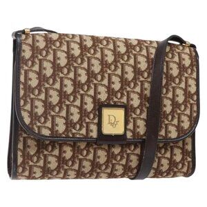 Authentic Christian Dior Trotter Canvas Shoulder Bag Brown Gold
